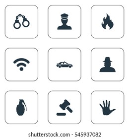 Set Of 9 Simple Crime Icons. Can Be Found Such Elements As Volunteer, Internet, Sheriff And Other.