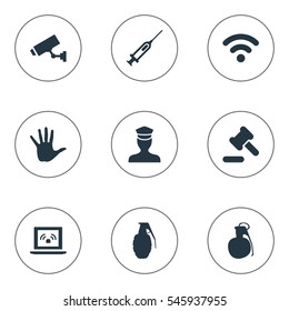 Set Of 9 Simple Crime Icons. Can Be Found Such Elements As Safety, Hammer, Sheriff And Other.