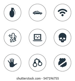 Set Of 9 Simple Crime Icons. Can Be Found Such Elements As Automobile, Officer Badge, Skeleton And Other.