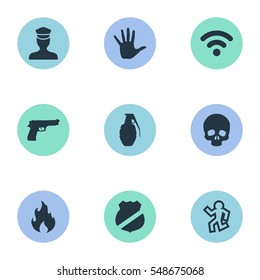 Set Of 9 Simple Crime Icons. Can Be Found Such Elements As Internet, Explode, Dead Man And Other.