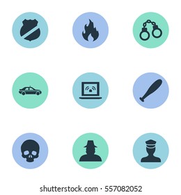 Set Of 9 Simple Crime Icons. Can Be Found Such Elements As Officer Badge, Baseball Bat, Blaze And Other.