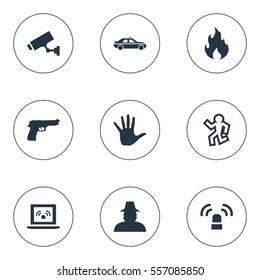 Set Of 9 Simple Crime Icons. Can Be Found Such Elements As Automobile, Pistol, Volunteer And Other.