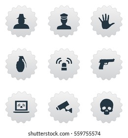 Set Of 9 Simple Crime Icons. Can Be Found Such Elements As Inspector, Skeleton, Sheriff And Other.