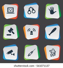 Set Of 9 Simple Crime Icons. Can Be Found Such Elements As Dead Man, Lock, Baseball Bat And Other.