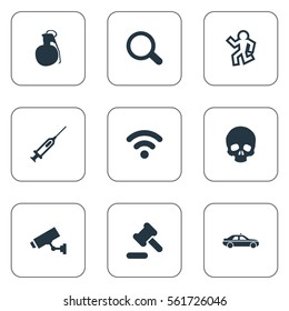 Set Of 9 Simple Crime Icons. Can Be Found Such Elements As Automobile, Magnifier, Skeleton And Other.