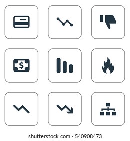 Set Of 9 Simple Crisis Icons. Can Be Found Such Elements As Line Chart, Downward, Bankroll And Other.