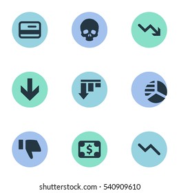 Set Of 9 Simple Crisis Icons. Can Be Found Such Elements As Bankroll, Round Graph, Bar Graph And Other.