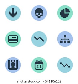 Set Of 9 Simple Crisis Icons. Can Be Found Such Elements As Penitentiary, Graph Decreases, Agenda And Other.