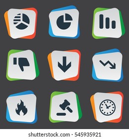 Set Of 9 Simple Crisis Icons. Can Be Found Such Elements As Finger Below, Line Chart, Clock And Other.