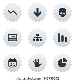 Set Of 9 Simple Crisis Icons. Can Be Found Such Elements As Down Cursor, Palm, Agenda And Other.