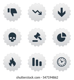 Set Of 9 Simple Crisis Icons. Can Be Found Such Elements As Down Cursor, Tribunal, Head Bone And Other.