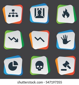 Set Of 9 Simple Crisis Icons. Can Be Found Such Elements As Net, Penitentiary, Tribunal And Other.