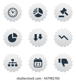 Set Of 9 Simple Crisis Icons. Can Be Found Such Elements As Info Graph, Round Graph, Clock And Other.