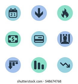 Set Of 9 Simple Crisis Icons. Can Be Found Such Elements As Down Cursor, Line Chart, Bankroll And Other.