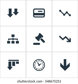 Set Of 9 Simple Crisis Icons. Can Be Found Such Elements As Plastic Card, Downward, Bar Graph And Other.