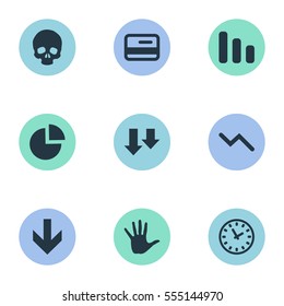 Set Of 9 Simple Crisis Icons. Can Be Found Such Elements As Palm, Head Bone, Circular Diagram And Other.