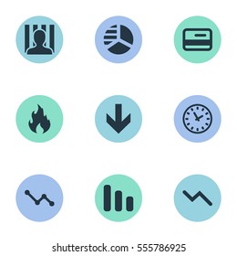 Set Of 9 Simple Crisis Icons. Can Be Found Such Elements As Fire, Info Graph, Down Cursor And Other.