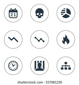 Set Of 9 Simple Crisis Icons. Can Be Found Such Elements As Round Graph, Info Graph, Graph Decreases And Other.