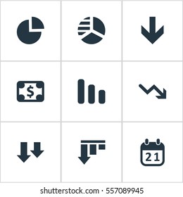 Set Of 9 Simple Crisis Icons. Can Be Found Such Elements As Circular Diagram, Round Graph, Down Cursor And Other.
