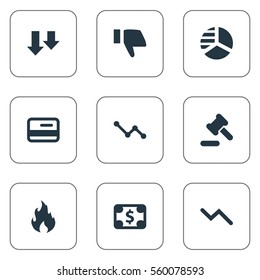 Set Of 9 Simple Crisis Icons. Can Be Found Such Elements As Fire, Finger Below, Round Graph And Other.