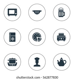 Set Of 9 Simple Cuisine Icons. Can Be Found Such Elements As Drainer, Lager, Tortilla And Other.