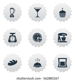 Set Of 9 Simple Cuisine Icons. Can Be Found Such Elements As Tortilla, Muffin, Cup And Other.