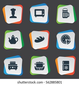 Set Of 9 Simple Cuisine Icons. Can Be Found Such Elements As Stew-Pot, Oven, Roasted Bread And Other.