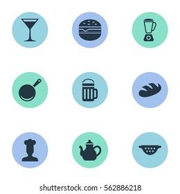 Set Of 9 Simple Cuisine Icons. Can Be Found Such Elements As Whisk, Lager, Skillet And Other.