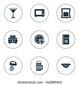 Set Of 9 Simple Cuisine Icons. Can Be Found Such Elements As Roasted Bread, Cup, Fridge And Other.