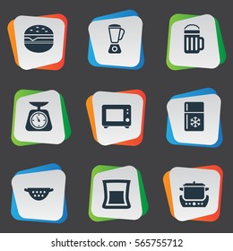 Set Of 9 Simple Cuisine Icons. Can Be Found Such Elements As Stew-Pot, Measure, Lager And Other.