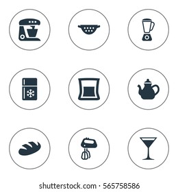 Set Of 9 Simple Cuisine Icons. Can Be Found Such Elements As Infuser, Drainer, Cup And Other.