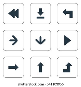 Set Of 9 Simple Cursor Icons. Can Be Found Such Elements As Downwards Pointing, Right Direction, Increasing And Other.