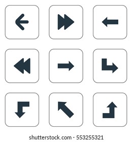 Set Of 9 Simple Cursor Icons. Can Be Found Such Elements As Left Direction, Rearward, Advanced And Other.