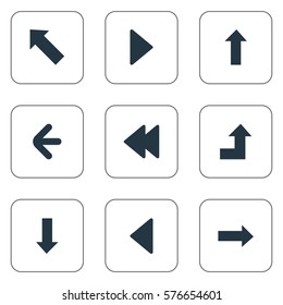 Set Of 9 Simple Cursor Icons. Can Be Found Such Elements As Downwards Pointing, Rearward, Right Direction And Other.