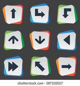 Set Of 9 Simple Cursor Icons. Can Be Found Such Elements As Downwards Pointing, Upward Direction, Right Direction And Other.