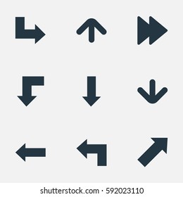 Set Of 9 Simple Cursor Icons. Can Be Found Such Elements As Upward Direction, Downwards Pointing, Pointer And Other.