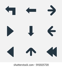 Set Of 9 Simple Cursor Icons. Can Be Found Such Elements As Right Direction , Left Landmark , Upward Direction.
