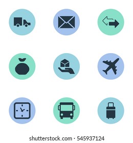 Set Of 9 Simple Delivery Icons. Can Be Found Such Elements As Opposite Directions, Trip Luggage, Airline And Other.
