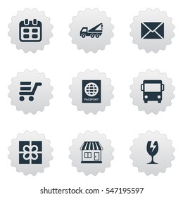 Set Of 9 Simple Delivery Icons. Can Be Found Such Elements As Pushcart, Autobus, Envelope And Other.