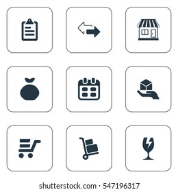Set Of 9 Simple Delivery Icons. Can Be Found Such Elements As Luggage Bearer, Hand , Opposite Directions.