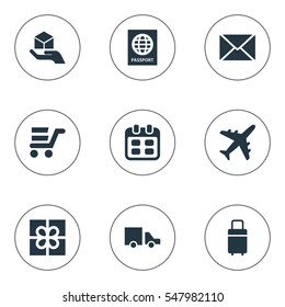 Set Of 9 Simple Delivery Icons. Can Be Found Such Elements As Hand , Van , Envelope.