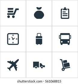 Set Of 9 Simple Delivery Icons. Can Be Found Such Elements As Pushcart, Van, Autobus And Other.