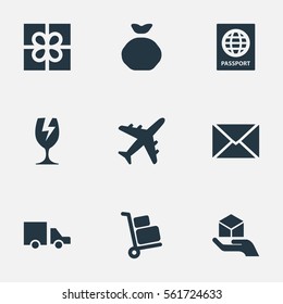 Set Of 9 Simple Delivery Icons. Can Be Found Such Elements As Envelope , Luggage Bearer, Hand.