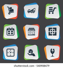 Set Of 9 Simple Distribution Icons. Can Be Found Such Elements As Hand , Minutes , Mall.