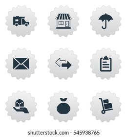 Set Of 9 Simple Distribution Icons. Can Be Found Such Elements As Luggage Bearer, Gingham, Opposite Directions And Other.