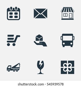 Set Of 9 Simple Distribution Icons. Can Be Found Such Elements As Mall, Autobus, Packaging And Other.
