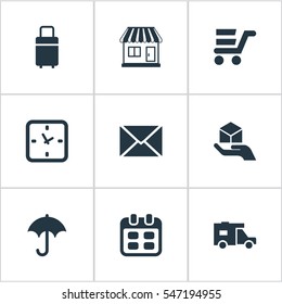 Set Of 9 Simple Distribution Icons. Can Be Found Such Elements As Hand , Envelope , Pushcart.