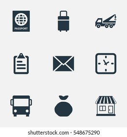 Set Of 9 Simple Distribution Icons. Can Be Found Such Elements As Passport, Clipboard, Mall And Other.