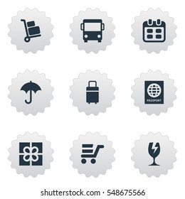 Set Of 9 Simple Distribution Icons. Can Be Found Such Elements As Gift, Autobus, Luggage Bearer And Other.