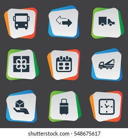 Set Of 9 Simple Distribution Icons. Can Be Found Such Elements As Van, Eviction Vehicle, Gift And Other.